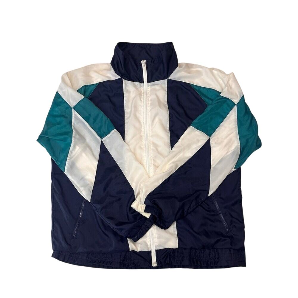 Vintage Main Event Tri-Color Windbreaker Jacket Mens L Navy Teal